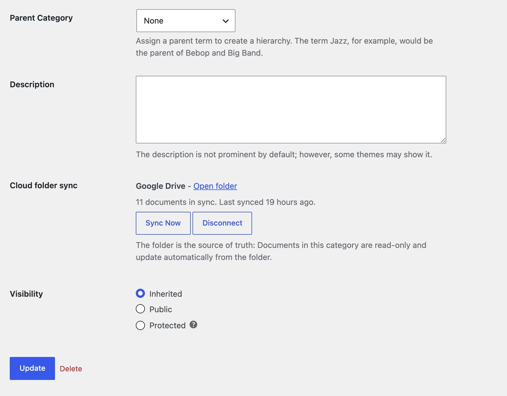 Document Library Pro category synced with a Google Drive folder showing sync status and Sync Now button