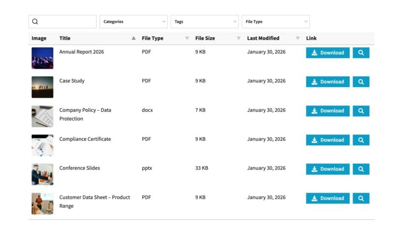 Searchable document table with thumbnails, file details, filters, download buttons and preview buttons