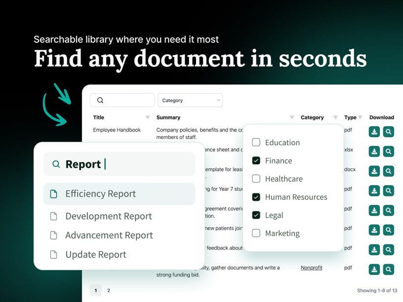Searching and filtering a document library by category with download buttons in the Wix app