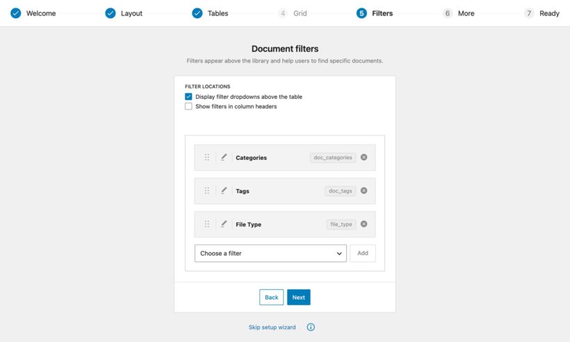 Document Library Pro wizard showing filter location checkboxes and draggable filters for categories, tags and file type