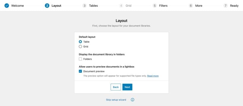 Document Library Pro wizard showing layout options for table or grid, folders, and document preview