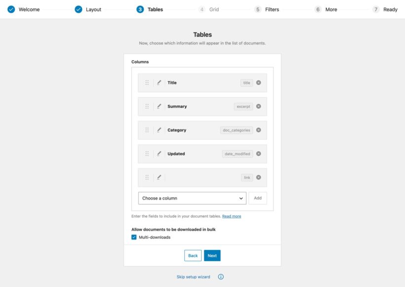 Document Library Pro wizard showing draggable table columns, add-column picker, and multi-downloads option
