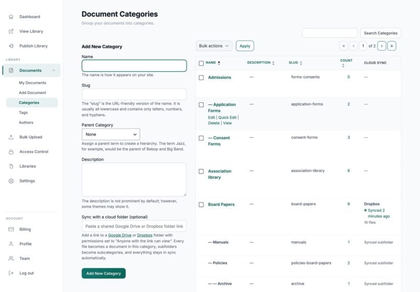 Google Drive and Dropbox folder sync field on the Document Library Pro Categories screen
