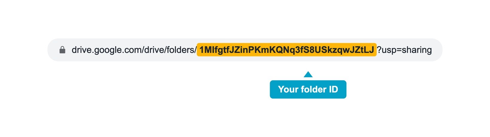 Google Drive share link showing the folder ID needed for the WordPress embed code