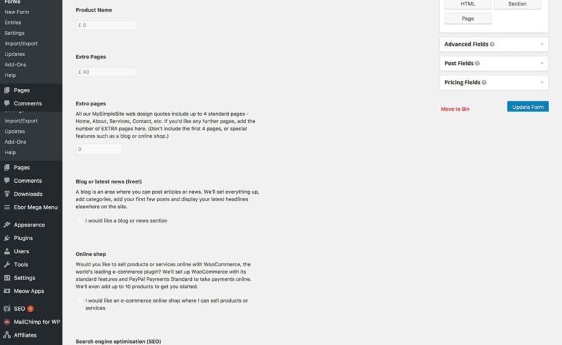 Gravity Forms editor with Product Name 0 pounds, Extra Pages 40 pounds, blog and shop options, Advanced/Post/Pricing Fields