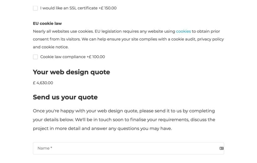 Web design quote calculator with SSL certificate +150 pounds, cookie law +100 pounds, total 4,630 pounds, and Name field