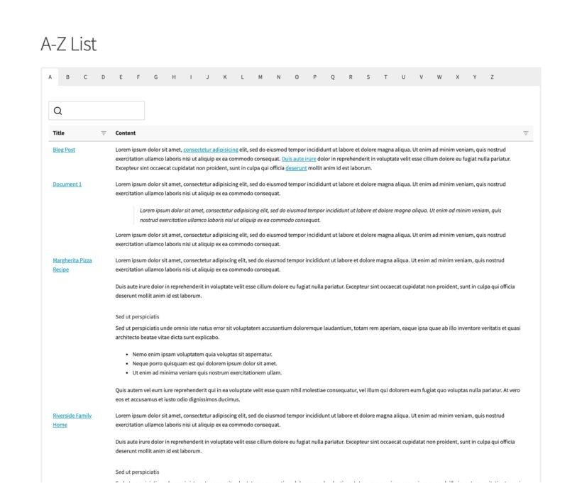 Alphabet tab strip above a two column A to Z table of titles and content