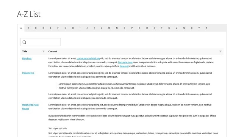 A-Z tabs create a browsable WordPress archive above a searchable content table