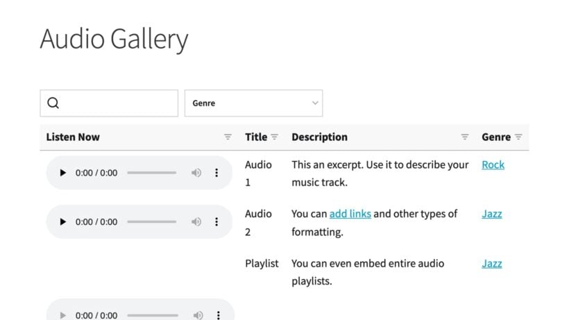 Audio gallery table embeds a media player on each row for shortcode-based WordPress audio displays