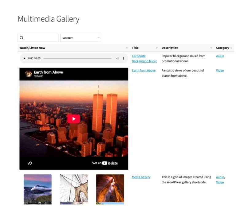 Audio gallery table with embedded players, titles, descriptions and genre columns