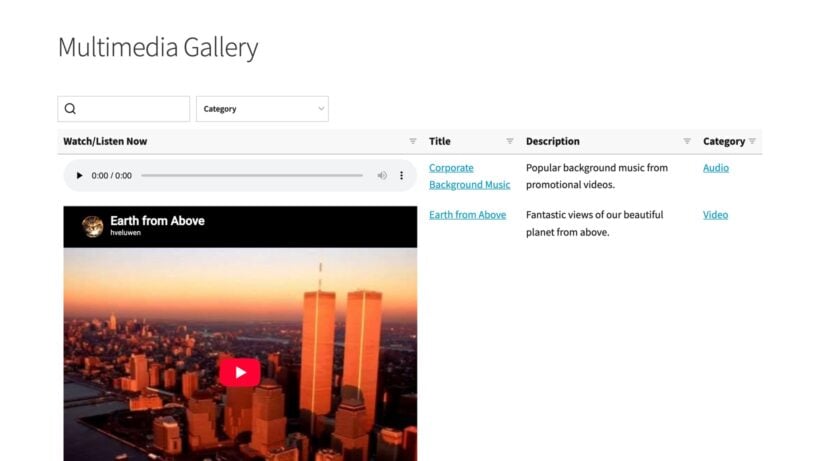 Multimedia gallery lists audio and video players in a table created with WordPress shortcodes