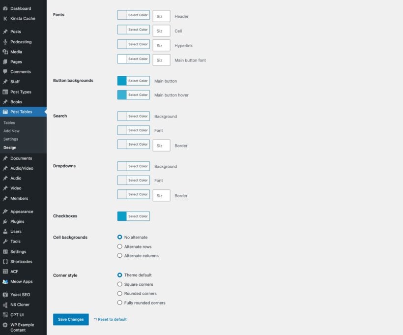 Lower design settings for fonts, buttons, dropdowns, cell backgrounds and corner style