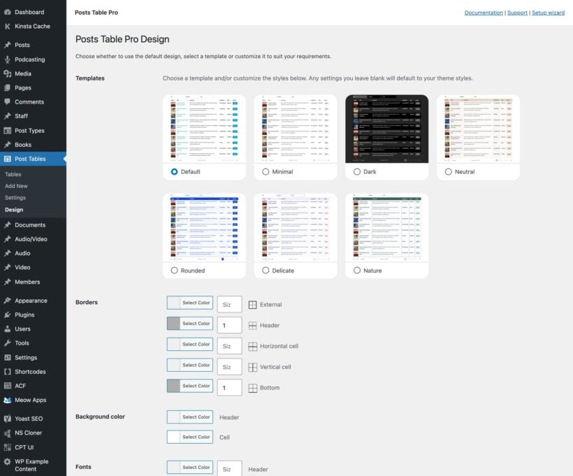 Design admin page showing seven table templates, plus border color and size controls