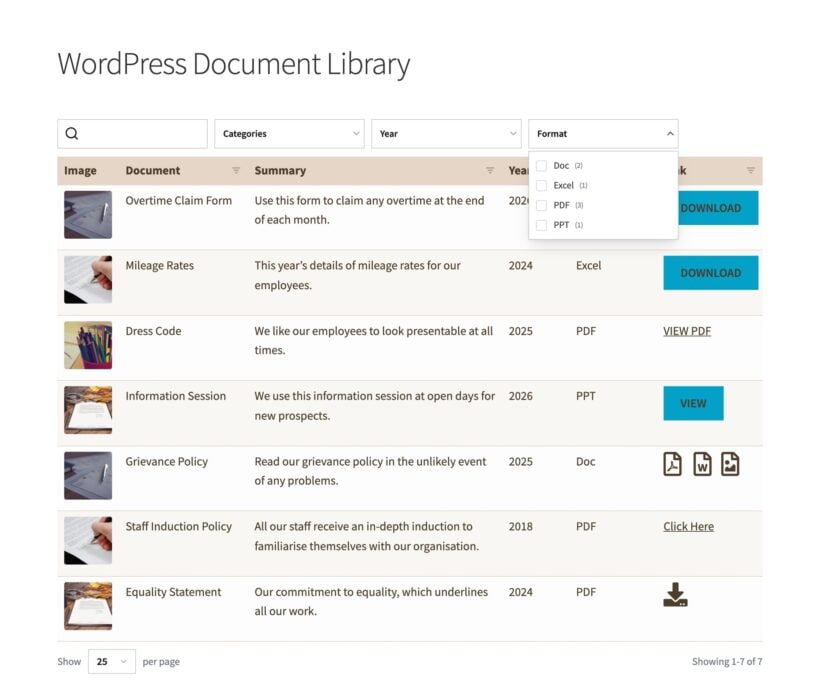 Document library table showing images, summaries, years, formats and Download or View buttons