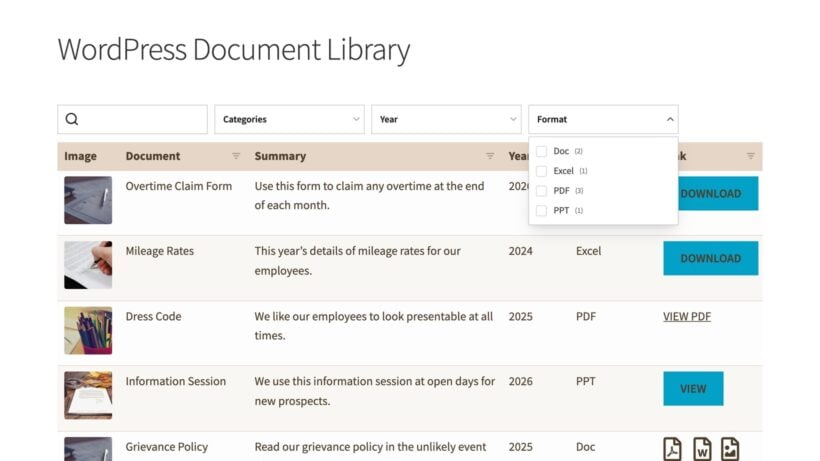 Document library table uses custom taxonomy filters and download buttons for organized WordPress resources