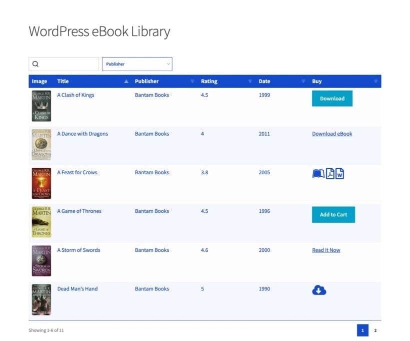 Ebook library table with cover thumbnails, ratings and Download or Add to Cart buttons