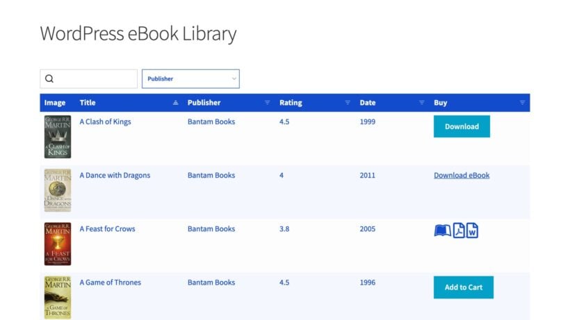 Ebook library table displaying custom publishers, ratings, series, buy buttons and cover thumbnails