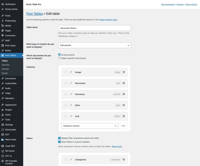 Edit table screen showing table name, content type, columns and filter display checkboxes