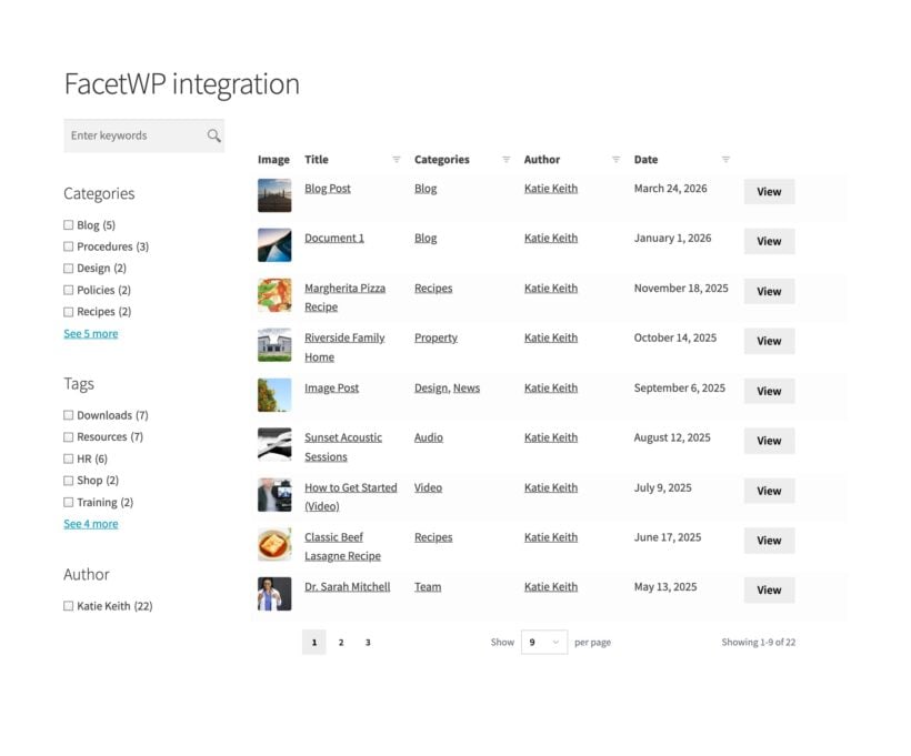FacetWP checkbox filters for categories, tags and authors beside a minimal posts table