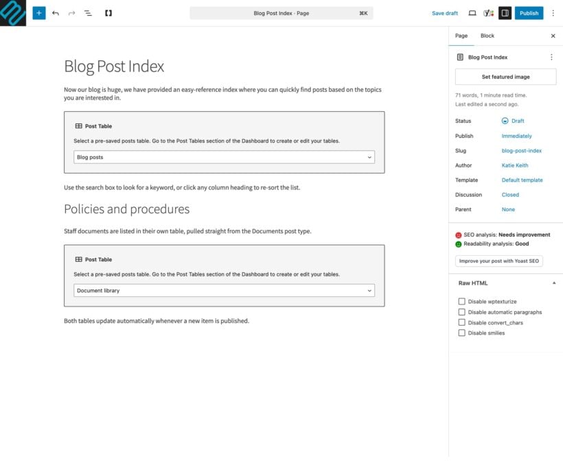 WordPress block editor with a Post Table block and saved table dropdown