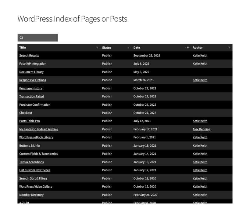 Website page index using the Dark template, with white text on near black rows