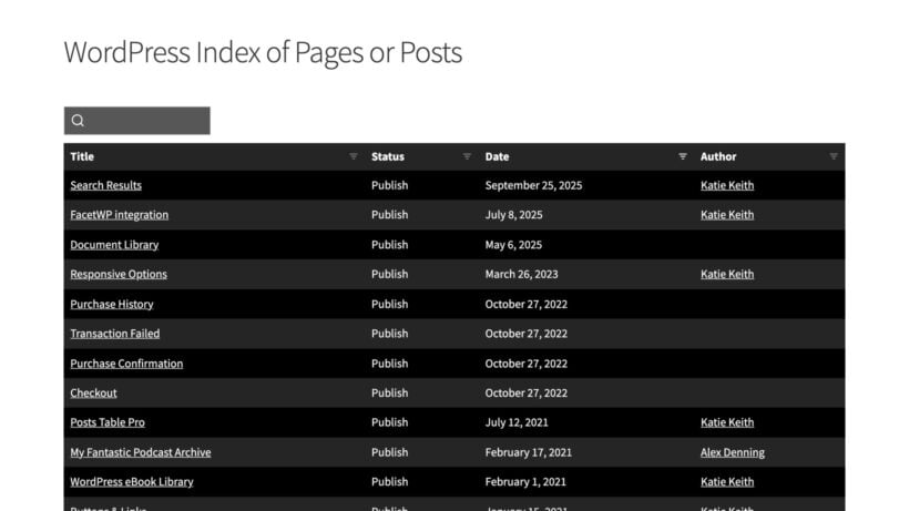 Intranet page index lists internal pages with status, date, and author for staff navigation