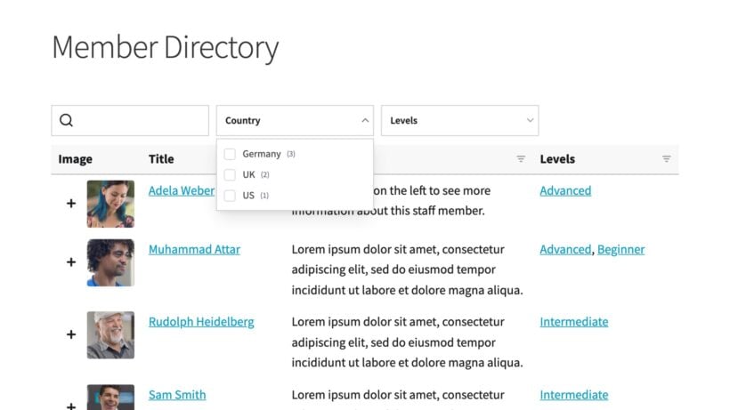 Country filter dropdown narrows a member directory for visitors comparing WordPress directory plugin features