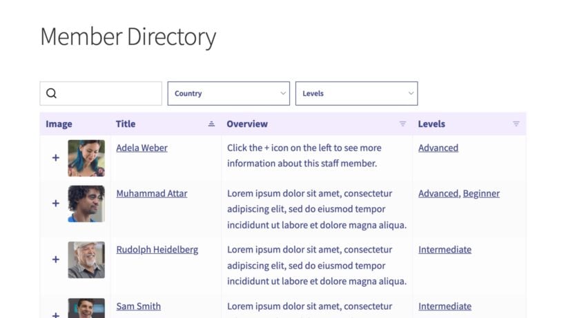 Faceted member directory lets visitors filter people by profile details and membership level