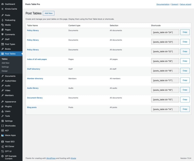 Post Tables admin list with six saved tables, content types, selections and copyable shortcodes
