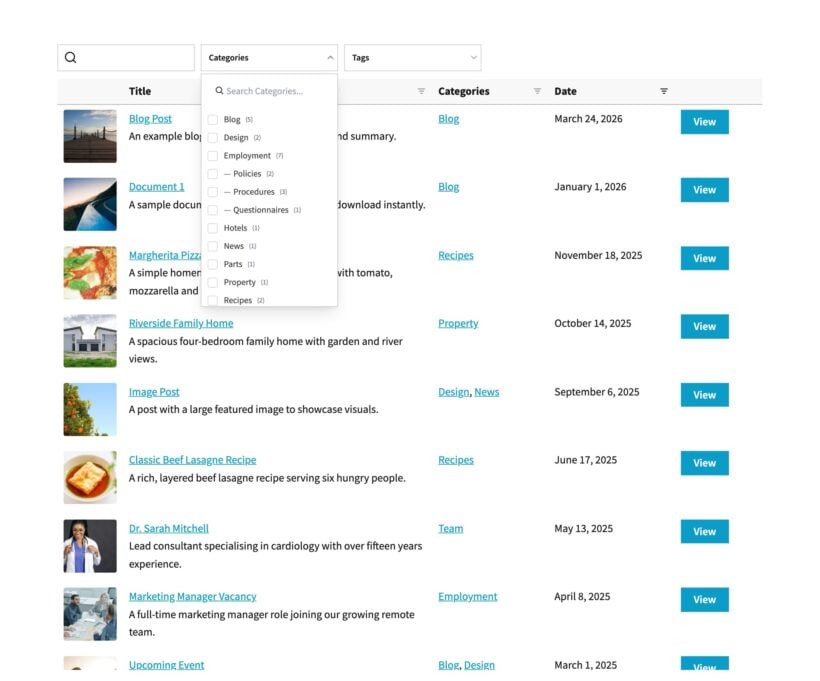 Blog post table with thumbnails, summaries, categories, dates, filters, search and View buttons