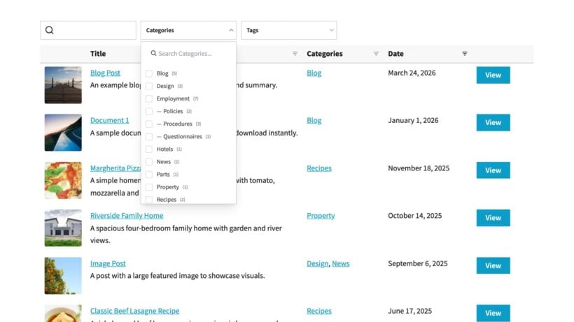 Archive visitors can narrow blog posts using the open category filter above the table