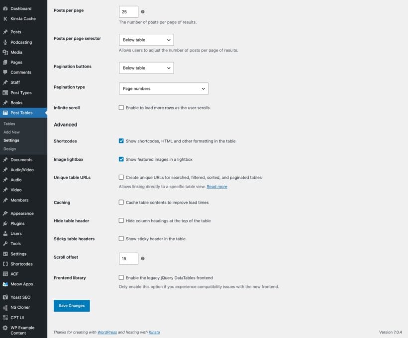 Advanced settings with shortcodes, caching, sticky headers, scroll offset and frontend library