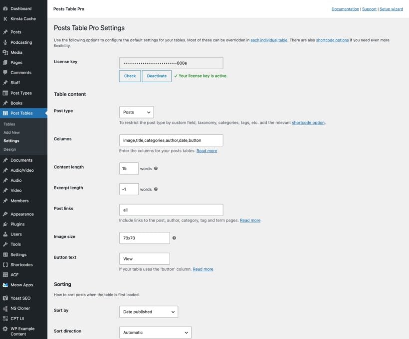 Settings page top with license key, table content options and sorting options