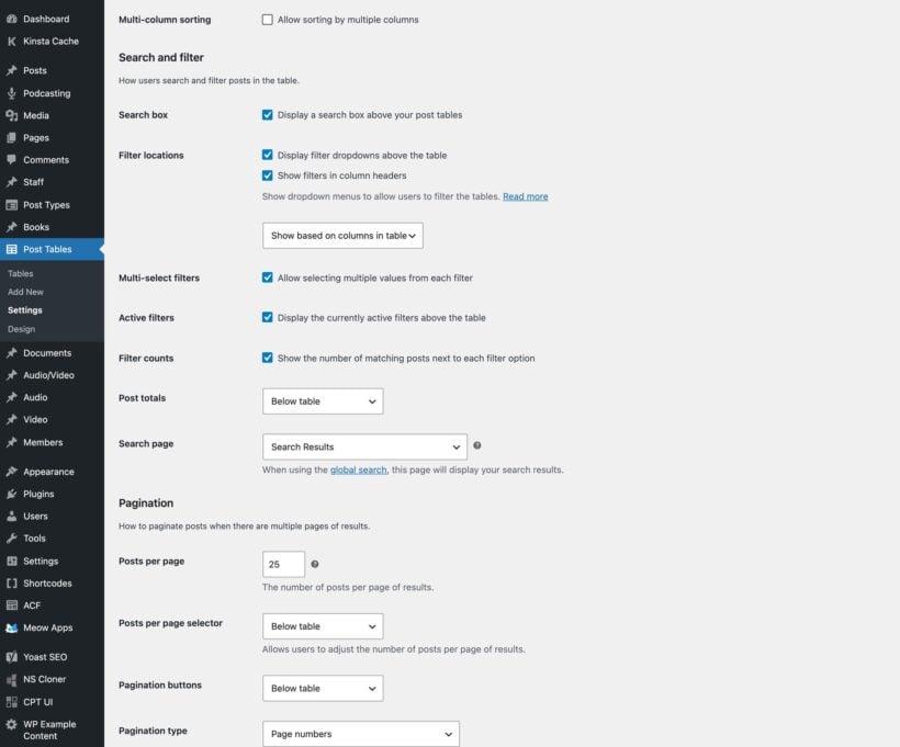 Settings page showing search and filter controls above pagination controls