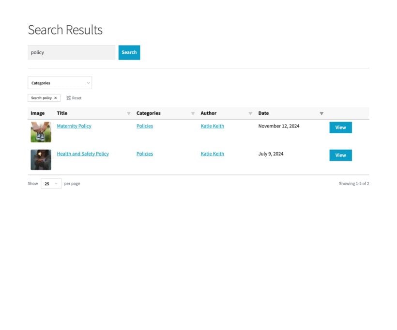 Search results table for policy documents, with keyword search and an active filter chip