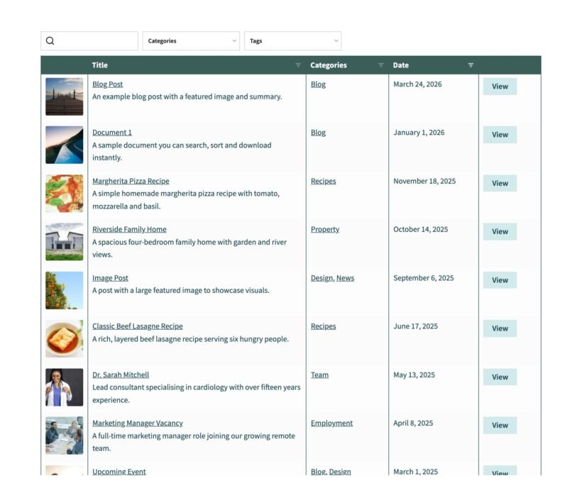 Nature template table with dark green headers, cell borders and matching green buttons