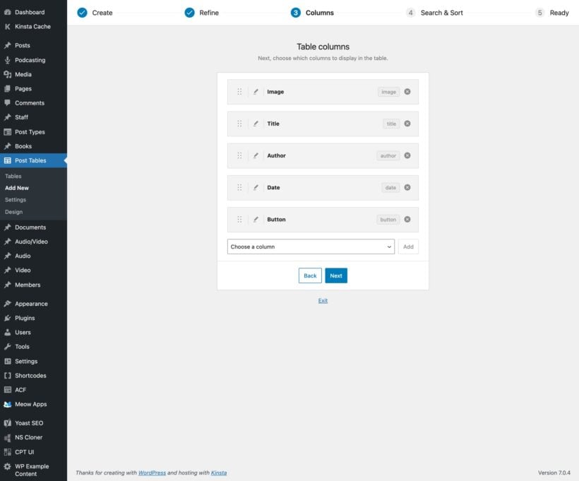 Column setup step with draggable table columns and an Add column dropdown