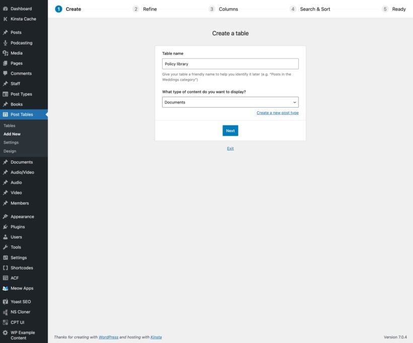 Setup wizard step one with a table name field and content type dropdown