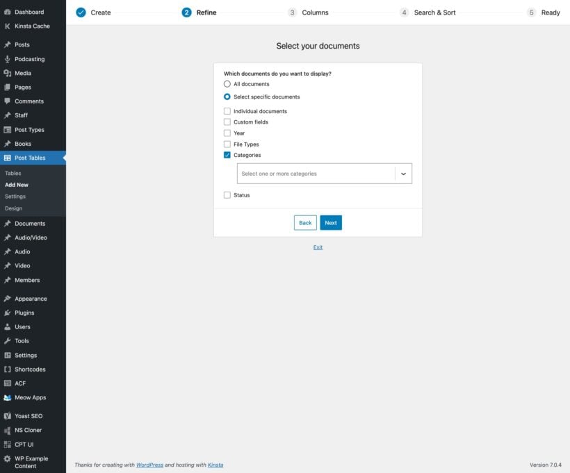 Setup wizard include step with taxonomy and field checkboxes for choosing documents