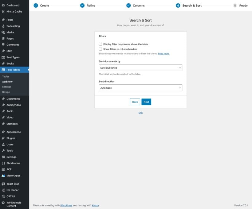Search and Sort wizard step with filter checkboxes and sort order dropdowns