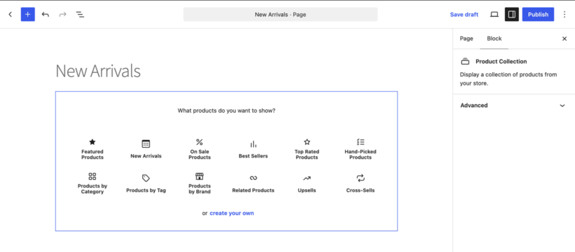 Choosing the New Arrivals collection when inserting the WooCommerce Product Collection block