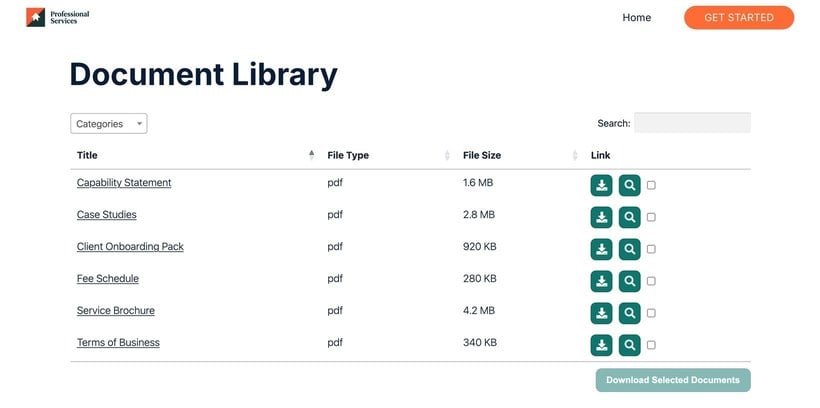 Document Library Pro running on a Wix site with a search box and category filters