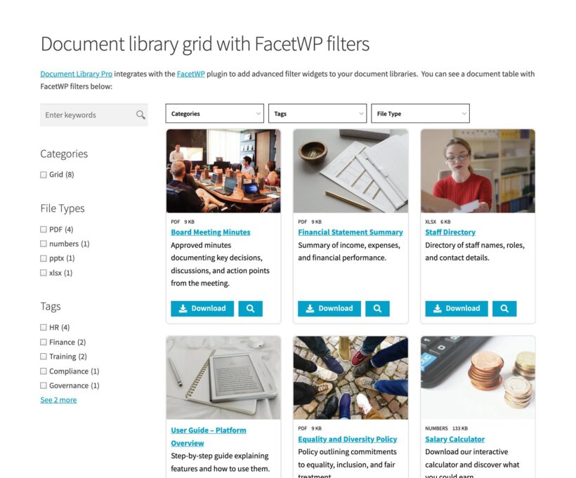 Document card grid beside a sidebar of FacetWP checkbox filters