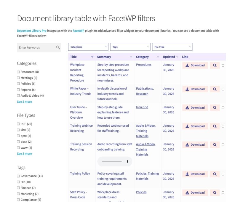 Lavender document table beside FacetWP checkbox filters for categories, file types, and tags