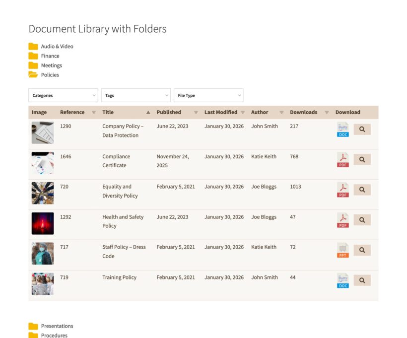 Beige folder list with one folder open above a table of document details and download counts