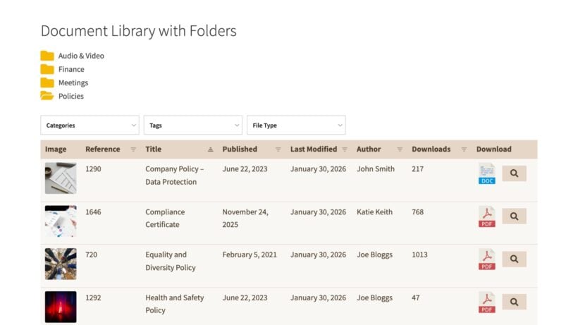 Beige folder list with one folder open above a table of document details and download counts