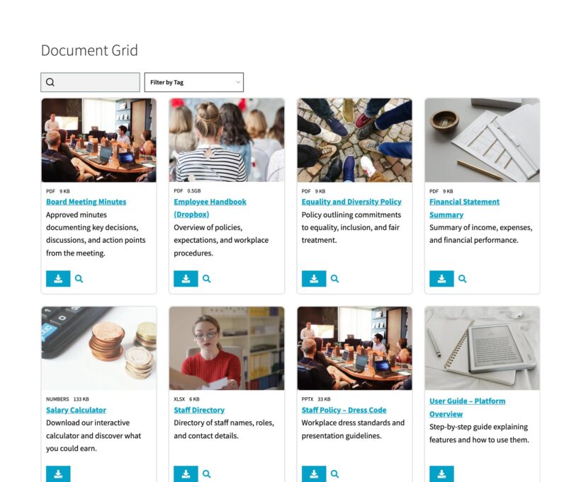 Document cards with photo thumbnails, file type, size, download and preview buttons, and a tag filter