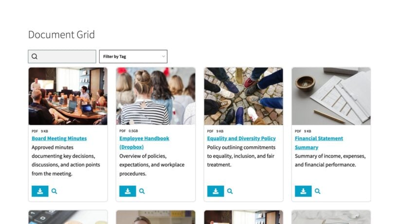Document cards with photo thumbnails, file type, size, download and preview buttons, and a tag filter