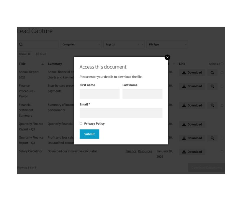 Dimmed document table behind a popup form with first name, last name, and email fields