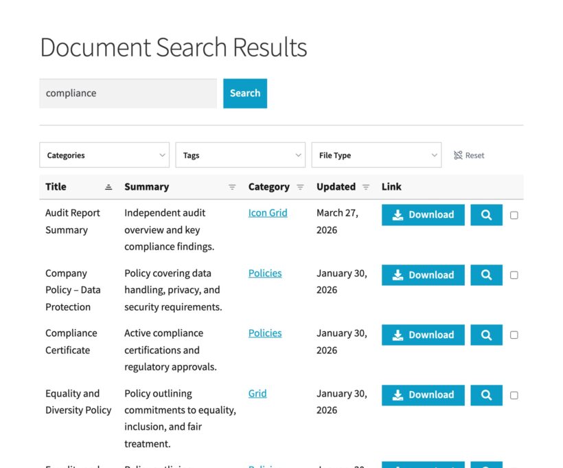 Document search page with a typed query, results below, and download buttons